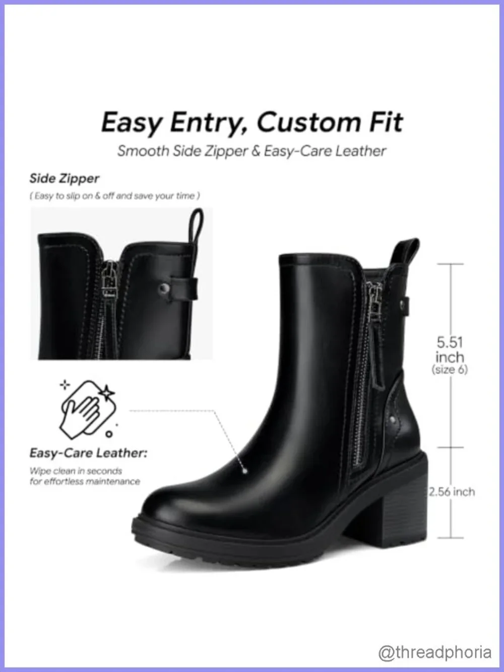 Women's Ankle Boots Faux Leather Chunky Heel Side Zip Booties